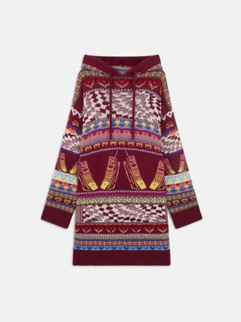 Stella McCartney Keep In Touch Hooded Wool Jacquard Knit Dress Burgundy Size 44